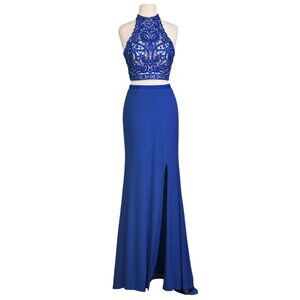Gigi Royal Blue Crystal & Embroidered Two-Piece Halter Style Prom Dress Size 6